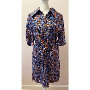 MILLY Vintage 100% Silk Abstract Patterned Button Tie Waist Shirt Dress Size 8